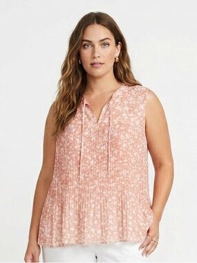 Anthro PLEIONE peach-colored floral print pleated sleeveless blouse with ties